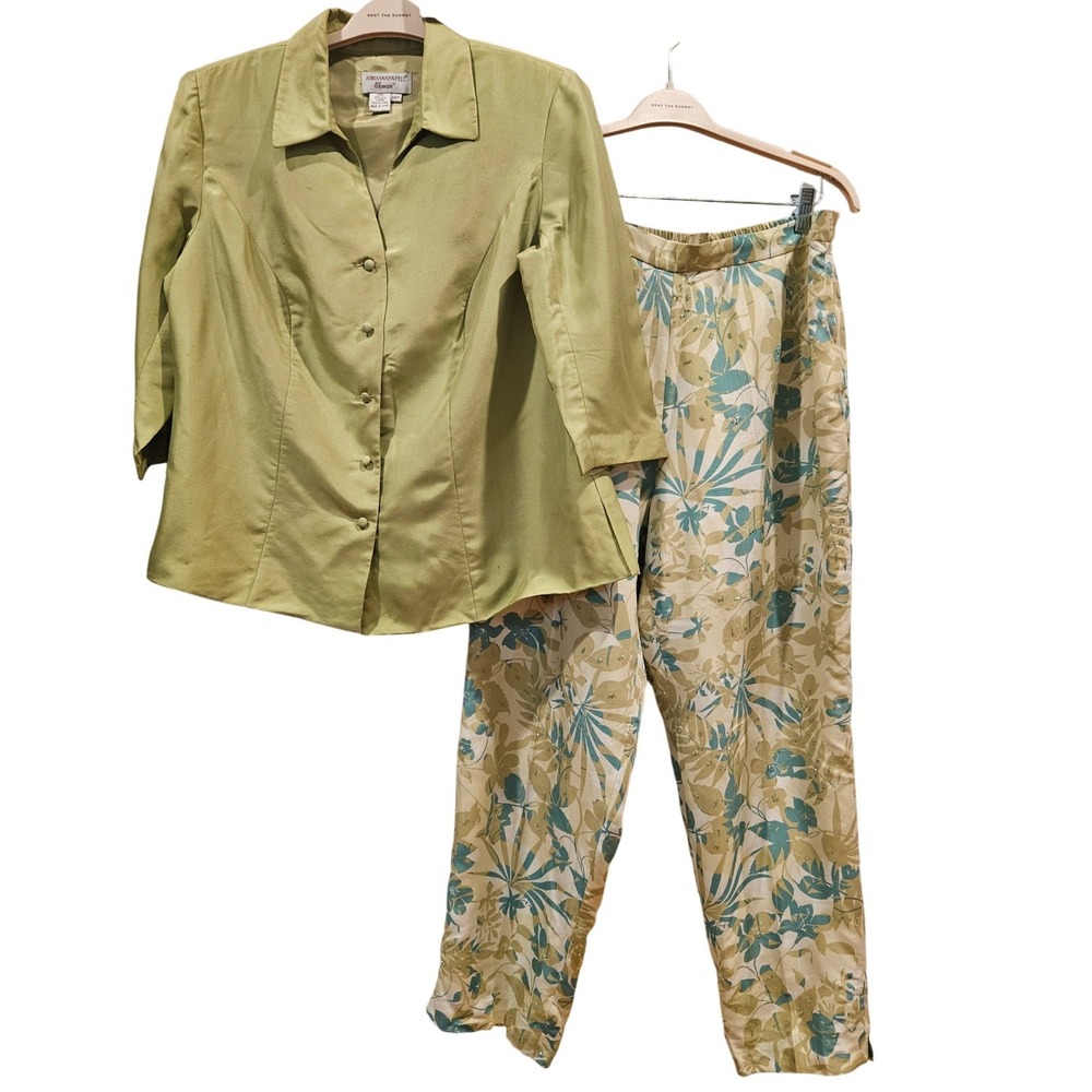 Adrianna Papell Woman Silk Blend Palm Leaf Print Top Pants Set Size 14W